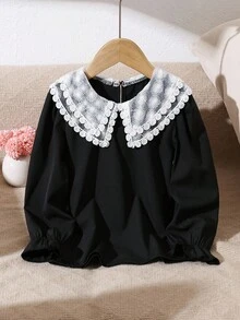 女孩优雅蕾丝边刺绣双层彼得潘领长袖休闲公主衬衫，适合度假、旅行、派对、生日礼物，春秋季 - 黑色 - 查看 3
