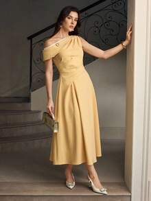 ZEYLAH Contrast Color Metal Buckle Decor Waist Midi Dress For Women - Yellow - View 4
