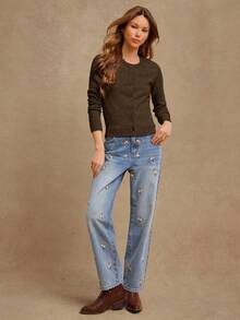 WESTFADE Crewneck Button Front Long Sleeve Cardigan Sweater - Brown - View 5