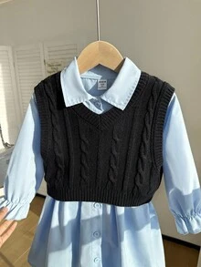 SHEIN Cute Knitted Vest & A-Line Dress 2-Piece Set For Young Girl, Stylish