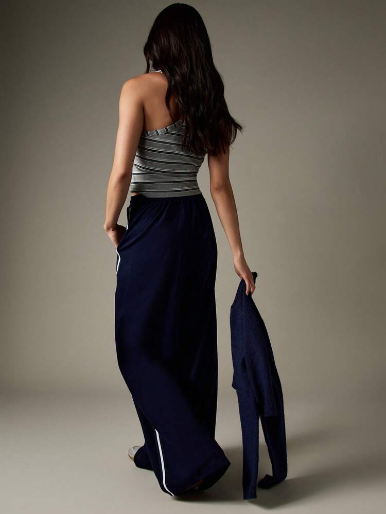 MISSGUIDED Wide Leg Navy Contrast Stripe Palazzo Casual Straight Trouser With White Side Stripe Detail High Waisted Sweatpants