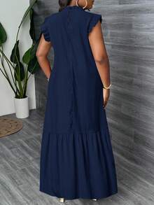 Veslaya Đầm maxi dáng rộng, màu kaki trơn, chất liệu vải dệt họa tiết, không tay, viền bèo nhún, cổ đứng, cỡ lớn, hàng mới về mùa Xuân/Hè, thích hợp cho kỳ nghỉ, thanh lịch và thường ngày. - Màu xanh hải quân - Xem 3