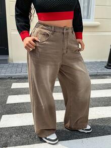 SHEIN ICON Plus Size Women High Waist Pockets Loose Casual Wide Leg Jeans