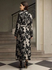 ZEYLAH 女士花卉提花面料翻领长袖优雅风衣 - 黑與白 - 查看 3