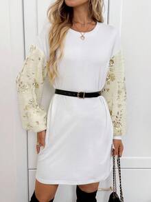 SHEIN LUNE Women's Casual Sequin Embroidered Party Mini Dress, Basic Autumn/Winter Daily Outfit Lantern Sleeve Dress White Casual Dress White Dress Puff Sleeve Dress Sequin Dress New Fall Fashion Women Fall Clothes For Women Elegant Dresses For Women Long Sleeve Dress Fall Dresses For Women Fall Outfits Winter Dress Women Winter Outfit For Women Winter Clothes For Women Going Out Outfits Short Party Dress - White - View 5