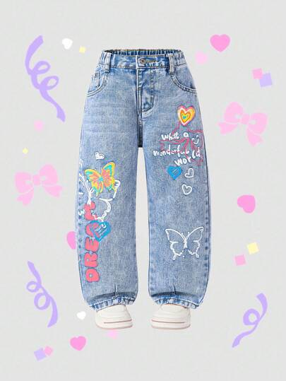 Denimly Young 女童休闲都市浅色水洗牛仔锥形裤，蝴蝶、心形和英文字母印花，松紧腰带和纽扣开合