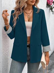 EMERY ROSE Women's Striped Long Sleeve Front Button Lapel Collar Fashion Versatile Blazer - Teal Blue - View 4