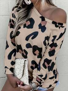 INAWLY Sweatshirt Longgar Bahu Miring Motif Leopard Kasual Wanita untuk Sehari-hari, Musim Gugur - Khaki - View 4