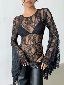 Aloruh 万圣节蝙蝠袖黑色蕾丝连体衣，女士优雅性感夜店连体衣，Y2K风格，时尚女士连体衣，万圣节服装，万圣节服饰，女士秋季穿搭，哥特风服饰，哥特风，休闲风，乡村音乐会服装，派对，夜店音乐节 - 黑色 - 查看 6