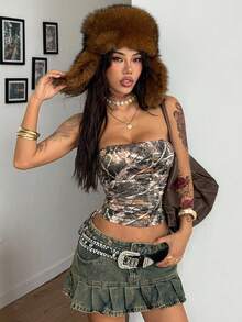 Coolane Women's Fall/All-Season Streetwear Going Out Y2K Grunge Casual Tree Branch Pattern Drawstring Tan Tube Top - Multicolor - View 3