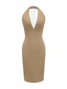 Vestido corto sexy con escote en V y espalda descubierta con decoración de cadena, nuevo para el verano de las mujeres - Caqui - Ver 4