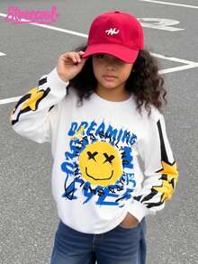 SHEIN Explorewe Tween Girls Casual Street Fashion Sporty Oversized Crew Neck Face Letter Print Long Sleeve Sweatshirt - White - View 1