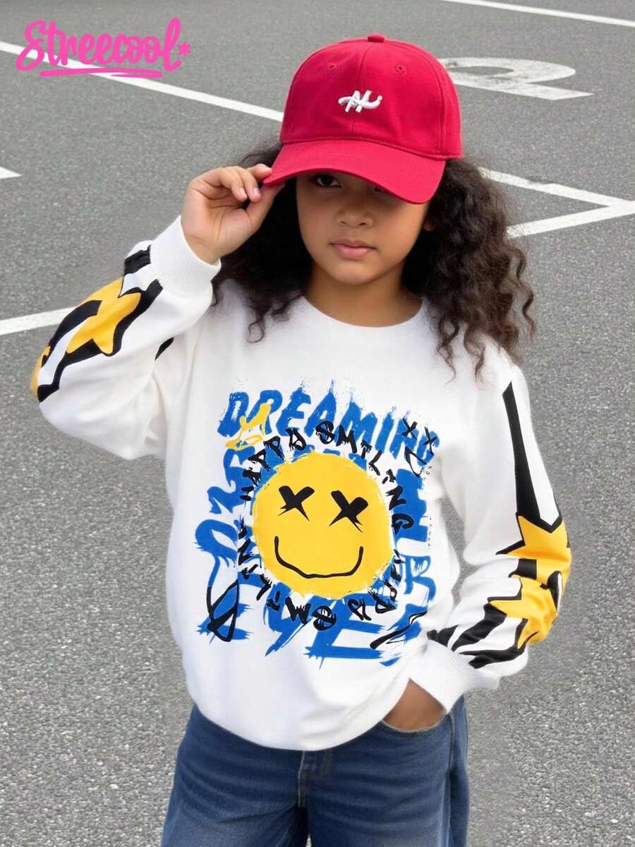 SHEIN Explorewe Tween Girls Casual Street Fashion Sporty Oversized Crew Neck Face Letter Print Long Sleeve Sweatshirt - White - View 1