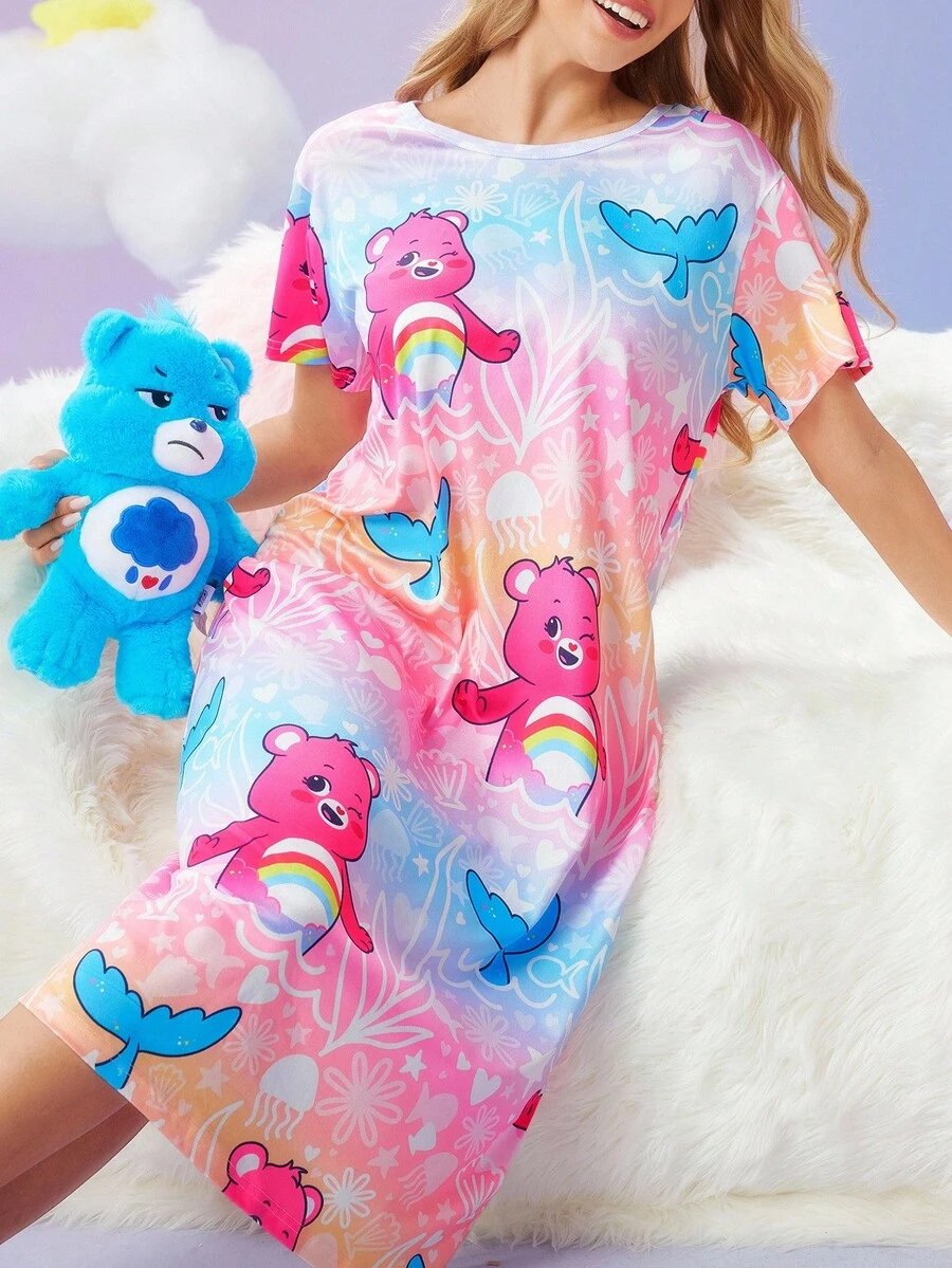 SweetSlumber X Carebears Women's Cute Bear Print Round Neck Short Sleeve Nightgown, Summer Care Bear Pajamas Dress Kawaii Pajamas Cute Pajamas Dress Cute Sleepwear Cartoon Pajamas Women, Moo Moo Night Dress