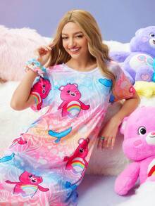 SweetSlumber X Carebears Women's Cute Bear Print Round Neck Short Sleeve Nightgown, Summer Care Bear Pajamas Dress Kawaii Pajamas Cute Pajamas Dress Cute Sleepwear Cartoon Pajamas Women, Moo Moo Night Dress