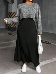 SHEIN Essnce 大码女装春秋季时尚休闲宽松舒适基础款日常灰色长袖露脐上衣和黑色马甲长裙两件套，春季服装，连衣裙套装，曲线套装 - 黑色 - 查看 4
