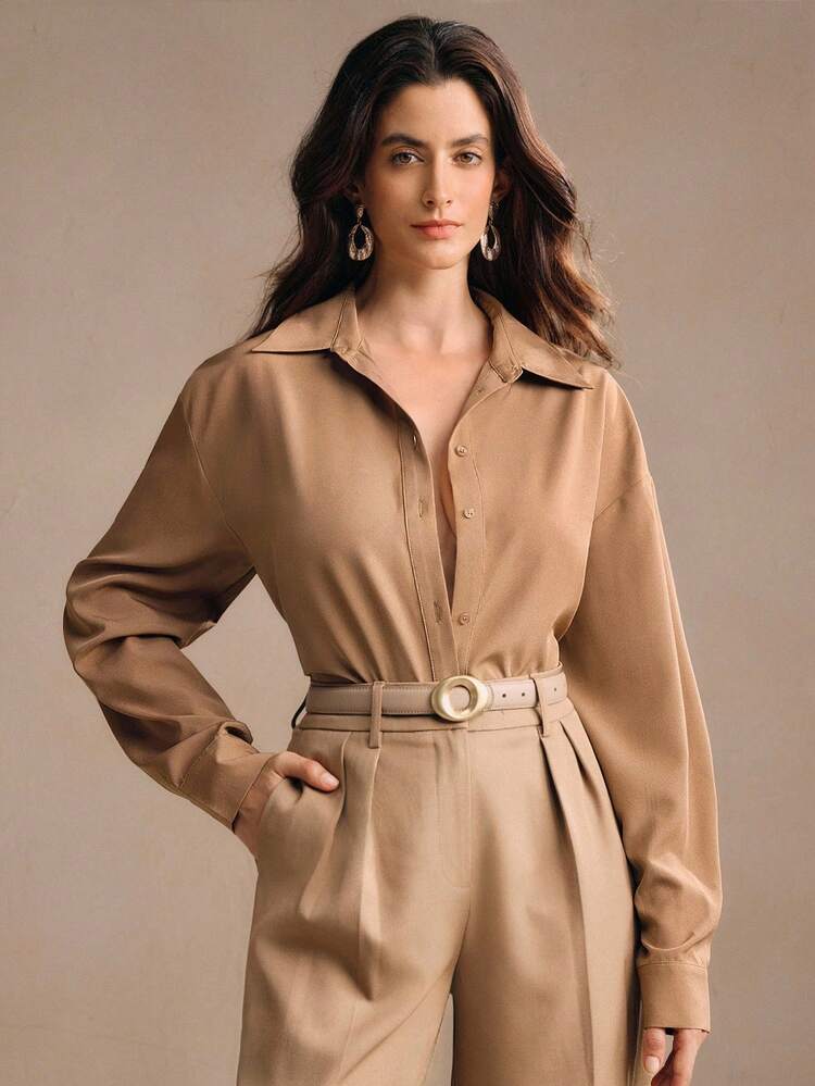 Women's Casual Loose White Castle Embroidered Oversized Long Sleeve Collared Shirt Blouse, Spring/Summer