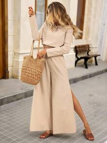Brillora Autumn And Winter Outdoor Holiday Date Outfits, Autumn And Winter Outdoor Vacation Crew-Neck Long-Sleeved Shirts And Loose Wide-Leg Pants With High Slit Pants For Women, Summer Beach Outfits For Holidays, School Uniforms, Very Simple Outfits, Women's Country Outfits, Office Wear, Old Money Wear, Teacher Wear, Date Wear, Graduation Season, Women's Suits - Apricot - View 4