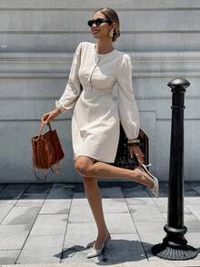 Chiquease French Style Round Neck Button Front Cotton Striped Lantern Sleeve Dress For Women Fall Cloth For Women - Apricot - View 4