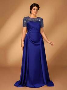 SHEIN Belle 优雅奢华香槟色水钻缀饰短袖褶皱鱼尾下摆拼接连衣裙，适合晚会、单身派对、约会、音乐节、度假、婚礼、新娘母亲礼服 - 藏蓝色 - 查看 6