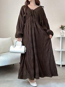 FRIFUL Đầm dài nữ màu nâu, chất liệu vải có họa tiết, thắt eo bằng dây rút, thích hợp cho mùa thu, mặc ngoài trời. - màu nâu - Xem 2