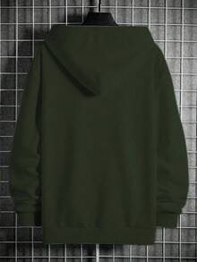 Manfinity Homme Men's Autumn Casual Letter Print Long Sleeve Hooded Sweatshirt With Pockets And Drawstring, Dark Olive Green Hoodie - Army Green - View 2