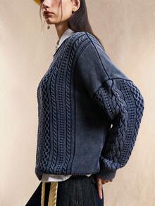 Easelle 纯色休闲百搭圆领长袖女式毛衣 - 霧霾藍 - 查看 9