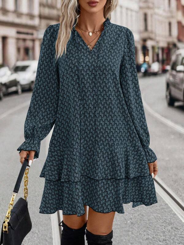 EMERY ROSE Women's Casual All-Over Print V-Neck Long Sleeve Dress