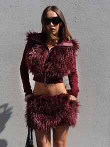 SHEIN ICON Bộ 2 món đồ bằng da và lông thú giả dành cho nữ, gợi cảm và tiên phong - Màu Đỏ Sâu - Xem 6