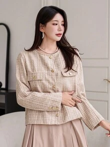 DAZY 女士休闲圆领口袋常规款夹克，秋季格子女式外套 - 粉色 - 查看 6