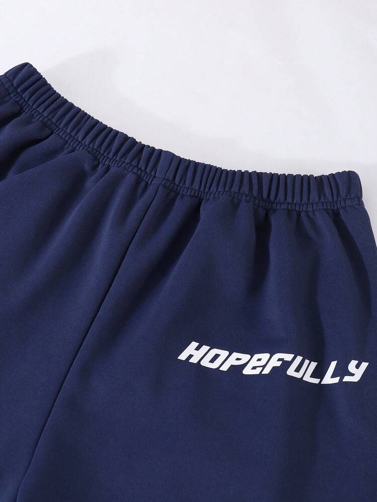 Sparklyn 2 sztuki/zestaw sportowego, swobodnego stroju dla nastoletnich dziewcząt, bluza z długim rękawem i okrągłym dekoltem w blokach kolorów, z nadrukiem w litery i szerokimi nogawkami - Niebieski - Zobacz 4