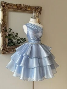 Lovelzi Thanh lịch, Lãng mạn, Dễ thương, Cổ tích, Xuân Hè, Xanh dương, Lấp lánh, Vải Organza, Một vai, Cổ áo đối xứng, Xếp ly, Trang trí dây chuyền kim cương, Buộc dây, Dáng chữ A, Chân váy xòe, Váy công chúa ngắn, Thích hợp cho Kỳ nghỉ, Lễ hội, Khách dự đám cưới, Váy tốt nghiệp, Tiệc sinh nhật, Lễ khai trương, Váy dạ hội, Lễ tốt nghiệp, Váy tốt nghiệp cho nữ, Váy đi học, Ngày Valentine - Màu xanh lam - Xem 7