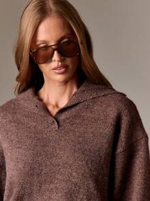 AiiRZ 女式棕色针织纽扣细节领毛衣长袖秋冬休闲衬衫 - 棕色 - 查看 4