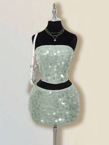SHEIN ICON Váy khiêu vũ dự tiệc cá nhân phong cách thiên niên kỷ Y2K đơn giản cổ điển lớn đính sequin thời trang hiện đại dành cho nữ Áo ống ôm sát Chân váy ngắn cạp thấp hông Bộ đồ màu xanh lá cây - màu xanh lá - Xem 5