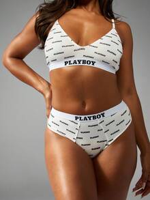 Missguided x Playboy 印花高腰弹力内裤，带标志印花，贴身内衣，基础款，弹力舒适，日常穿着，时尚 - 黑與白 - 查看 1