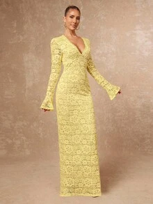 Lumalex Đầm dự tiệc mùa thu kiểu mới dành cho nữ, sang trọng, thanh lịch, kín đáo, phù hợp với giới thượng lưu, lấp lánh, thích hợp cho các buổi tiệc tùng, lễ hội, dã ngoại, nghỉ dưỡng, ngoài trời, nhiều lớp, mùa cưới, tiệc chiêu đãi, lễ trưởng thành, cổ chữ V, viền ren, tay xòe, ôm sát cơ thể cho nữ, kiểu dáng mới mùa thu, thích hợp cho khách dự đám cưới. - Màu vàng - Xem 7