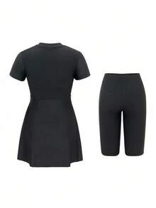 Swim Mulvari 新款女士两件套高领短袖褶皱上衣和百慕大短裤泳衣，夏季中东海滩邮轮度假泳装防晒休闲沙滩保守泳装黑色两件套女士黑色泳衣罩衫布基尼套装女士布基尼泳衣保守 - 黑色 - 查看 8