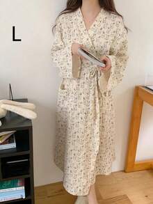 SHEIN 1 Áo choàng ngủ dài tay cho nữ, kiểu dáng tối giản châu Âu, dành cho nữ cỡ lớn, nhẹ nhàng, thích hợp mặc ở nhà. - Màu be - Xem 16