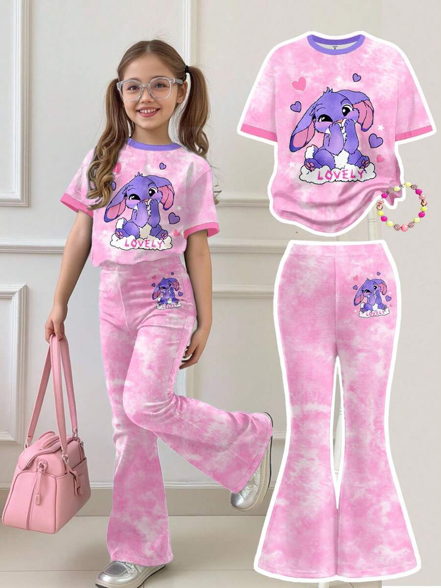 SHEIN Cute Cartoon Blue Rabbit Lulu, Stitch Pattern, Fresh Pink Tie-Dye, Contrast Trim, Young Girl Casual Cartoon Pattern Round Neck Short Sleeve Top And Flare Pants 2-Piece Set, Suitable For Summer - Multicolor - View 1