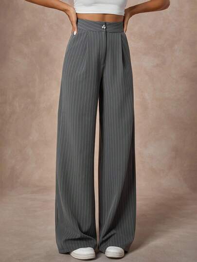 EURMUSE Women's Full-Length Pinstripe Palazzo Pants With Contrast Side Panel, High Waist, Wide Leg, Anthracite Double Fabric, Elegant Formal Trousers Pleated Pants High Waisted Pants Palazzo Pants Women Grey Pants Wide Leg Pants
