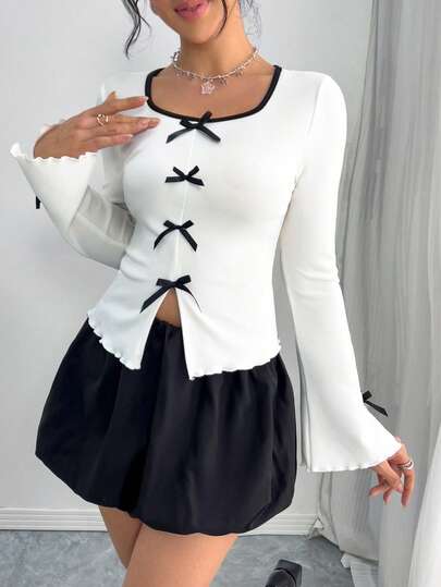 SHEIN Teen Girls Round Neck Solid Color Contrast Bowknot Long Sleeve T-Shirt, Flared Cuff Slim Fit Blouse, Cute School Tops, White Tops, Spring & Autumn, Preppy Style, Vacation Style, Bowknot, Holiday, Elegant, Pink & White/Vintage