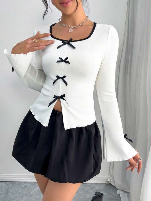 SHEIN Blusa de manga larga con cuello redondo, unicolor, moño de contraste, puño acampanado, ajuste delgado, tops escolares lindos, blancos, para primavera y otoño, estilo colegial, estilo vacacional, moño, vacaciones, elegante, rosa y blanco/vintage para adolescentes