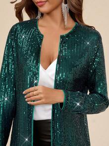 Amorya Women's Casual Sequin Decorated Long Sleeve Lightweight Jacket In Fall/Winter - Dark Green - View 4