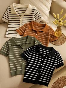 BizChic Women's Romantic Elegant Striped Collared Button Short Sleeve Knit Sweater, Versatile For Business Casual, Daily Commute, Office Wear,Knitted Sweater - Black and White - View 2