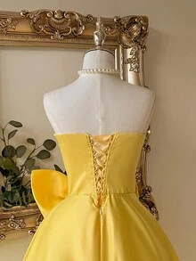 Lovelzi Elegant Romantic Cream Yellow Satin Asymmetrical Pleated Strapless Maxi Dress With Oversized Bow Decor, Suitable For Evening, Party, Date, Vacation, Homecoming, Birthday, Wedding, Prom,Birthday Dress,Graduation,Teacher Outfits For Women,Teacher Dress - Yellow - View 7