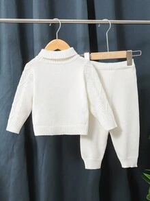 SHEIN 2pcs Baby Boy/Girl White Autumn Basic Modest Holiday Knitted Sweater & Pants Set,Chic Solid Color Turtleneck Ribbed Fall/Winter Knit Clothing Outfits - White - View 2