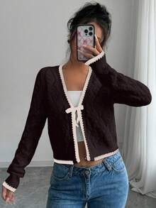 Selianne 女士法式休闲百搭菱形纹理长袖针织开衫 - 咖啡棕 - 查看 6