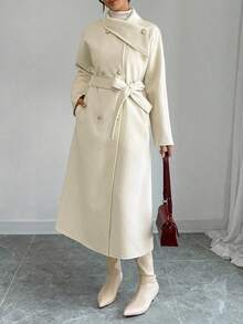 Elenzga 女士时尚百搭纯色双排扣大衣，秋冬 - 杏色 - 查看 5