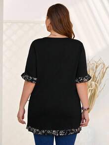 EMERY ROSE 大尺碼女士花卉印花拼接t恤 - 黑色 - 查看 1