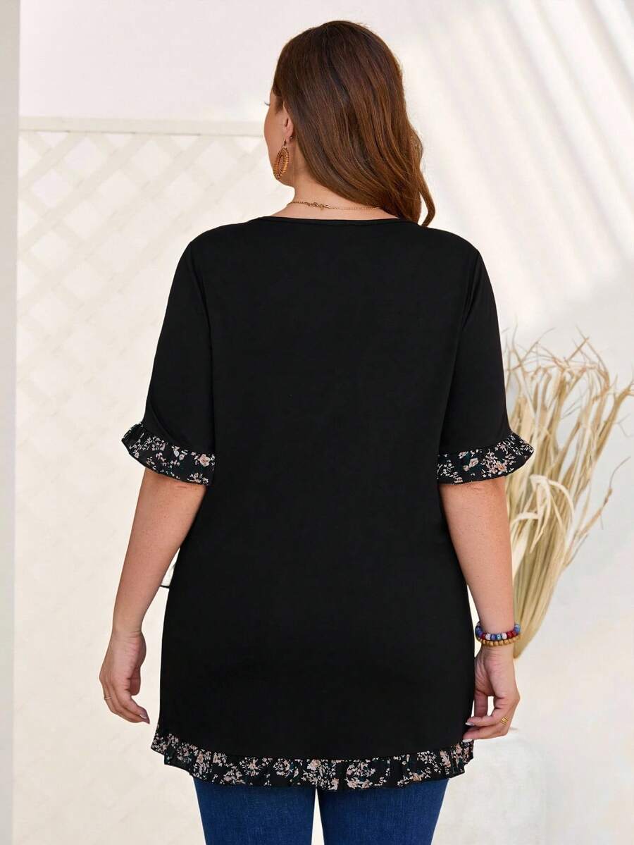 EMERY ROSE 大尺碼女士花卉印花拼接t恤 - 黑色 - 查看 1